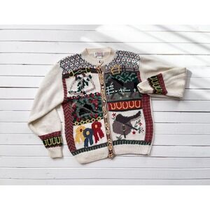vtg Orvis white cotton horse equestrian hand knit cardigan‎ sweater